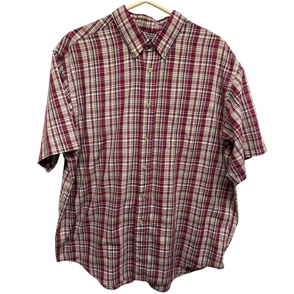 DAVID TAYLOR Mens Plaid Short Sleeve Button Down Shirt Burgundy Tan XL‎